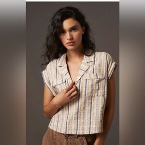 By Anthropologie Cropped Utility Pullover Top Striped Tan Purple Pink